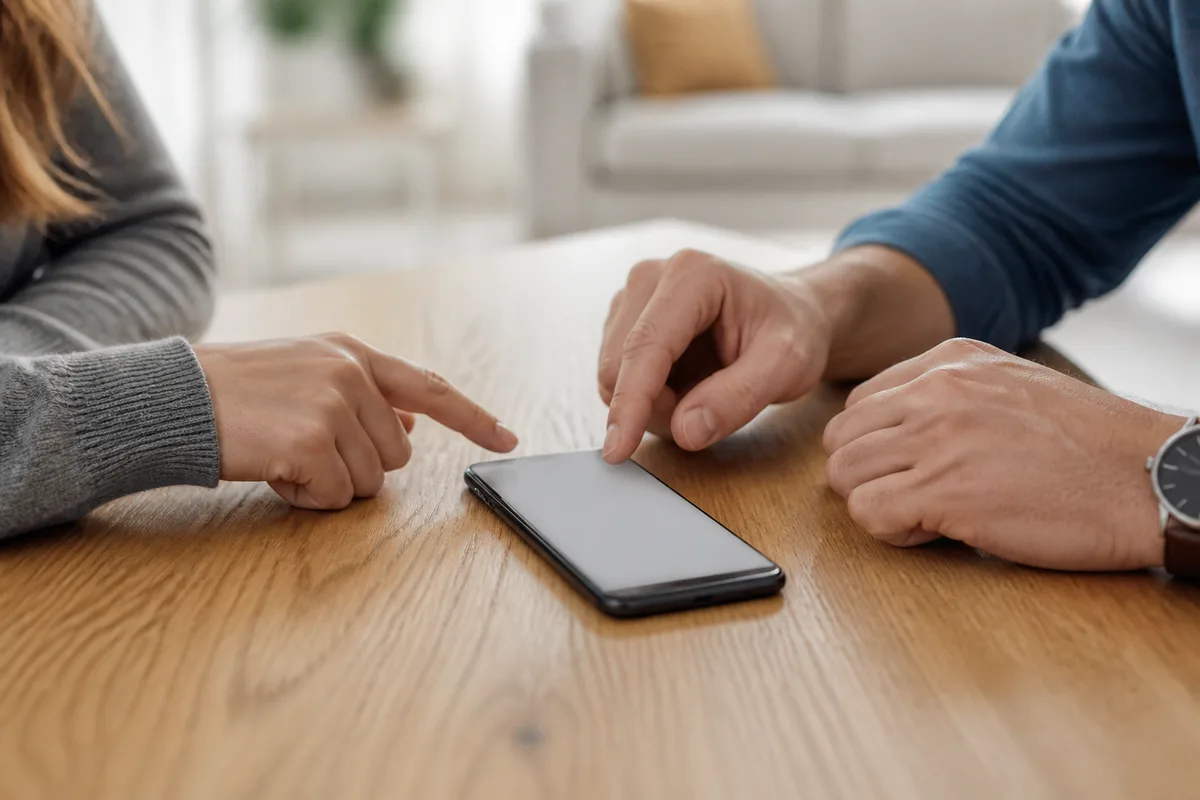 Deux mains adultes comparant un message reçu sur un téléphone posé sur une table en chêne
