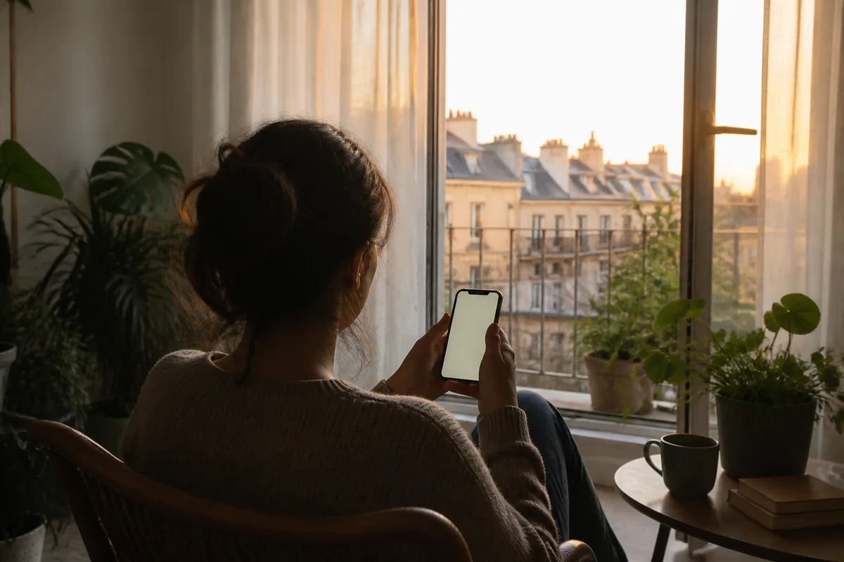 Silhouette de dos près d’une fenêtre, téléphone en main, dans un séjour lumineux