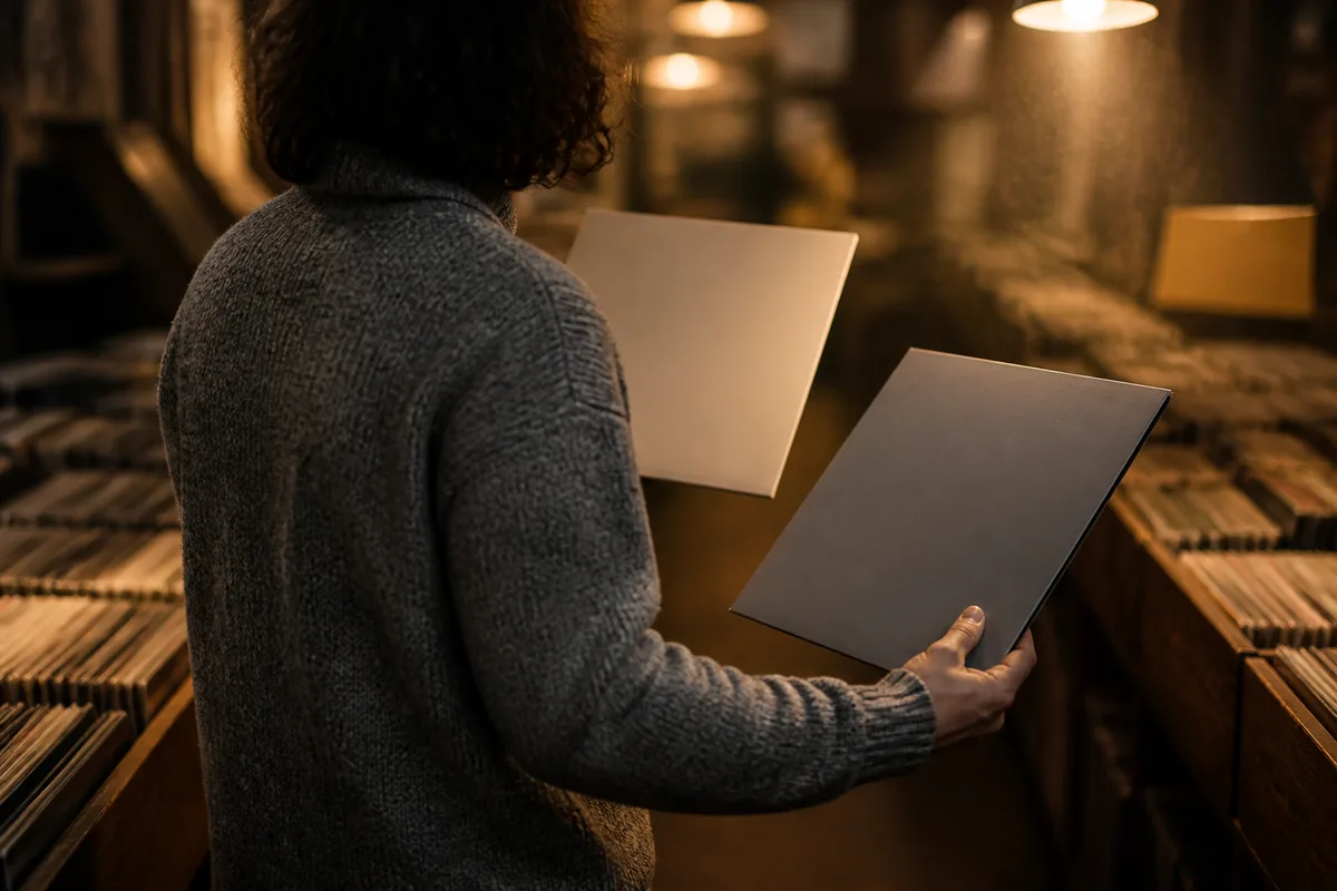Client de dos hésitant entre deux disques vinyles dans une boutique spécialisée