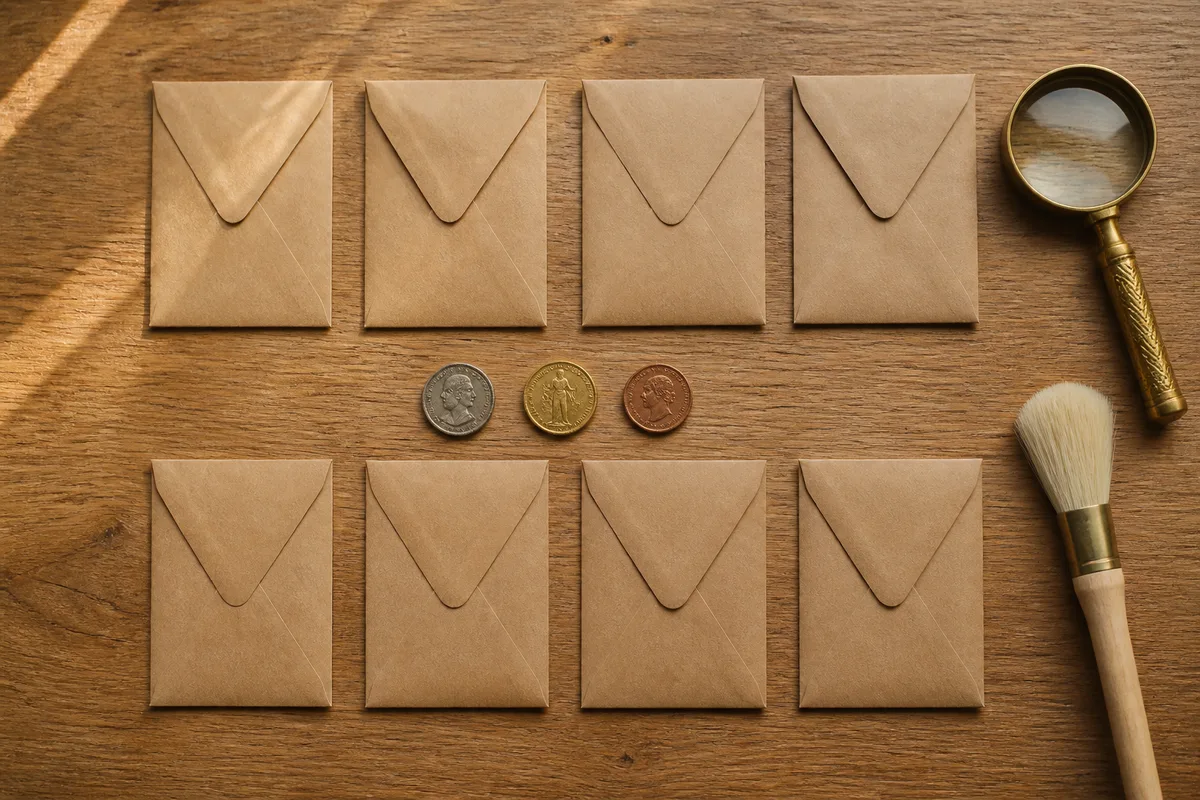Fiches produits, loupe de bijoutier et pièces de collection triées sur un plan de travail en chêne