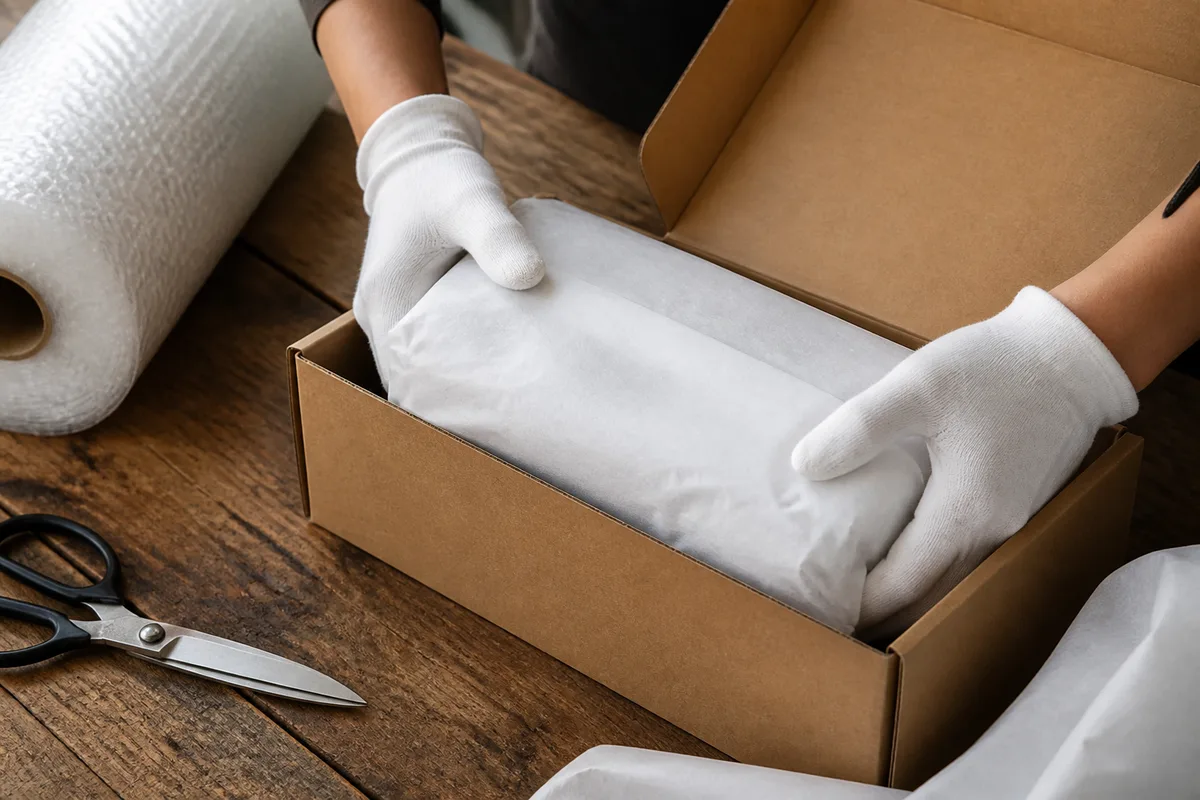 Mains gantées de coton blanc emballant un objet de collection dans une boîte en carton brun