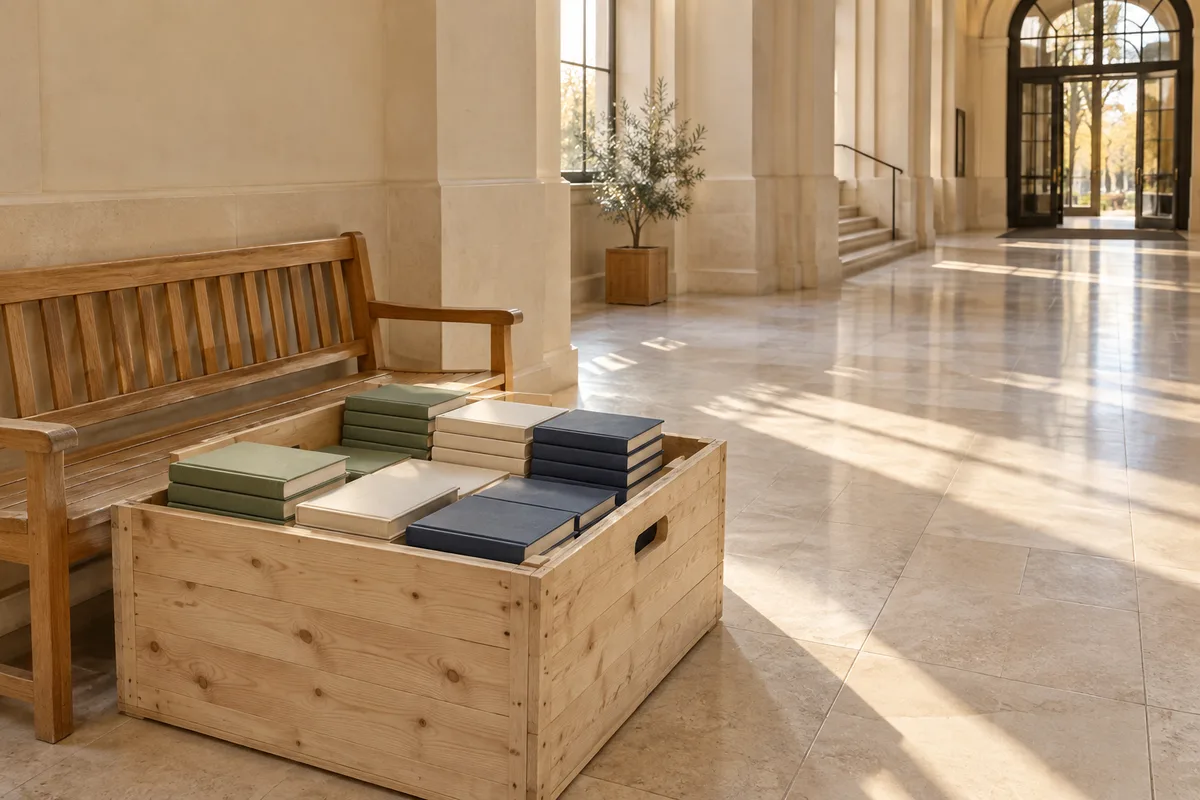 Caisse en bois garnie de livres aux couvertures unies dans le hall clair d&rsquo;une mairie