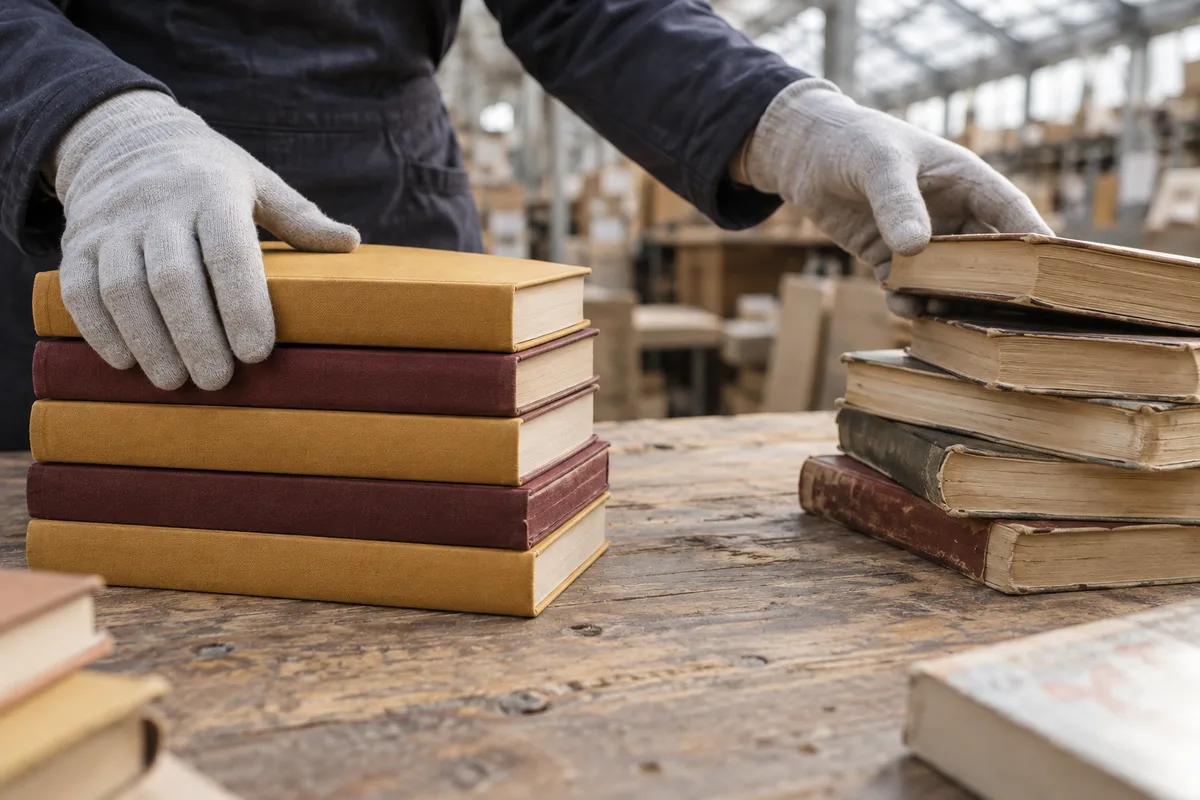 Mains gantées répartissant des livres en deux piles sur une table d&rsquo;entrepôt