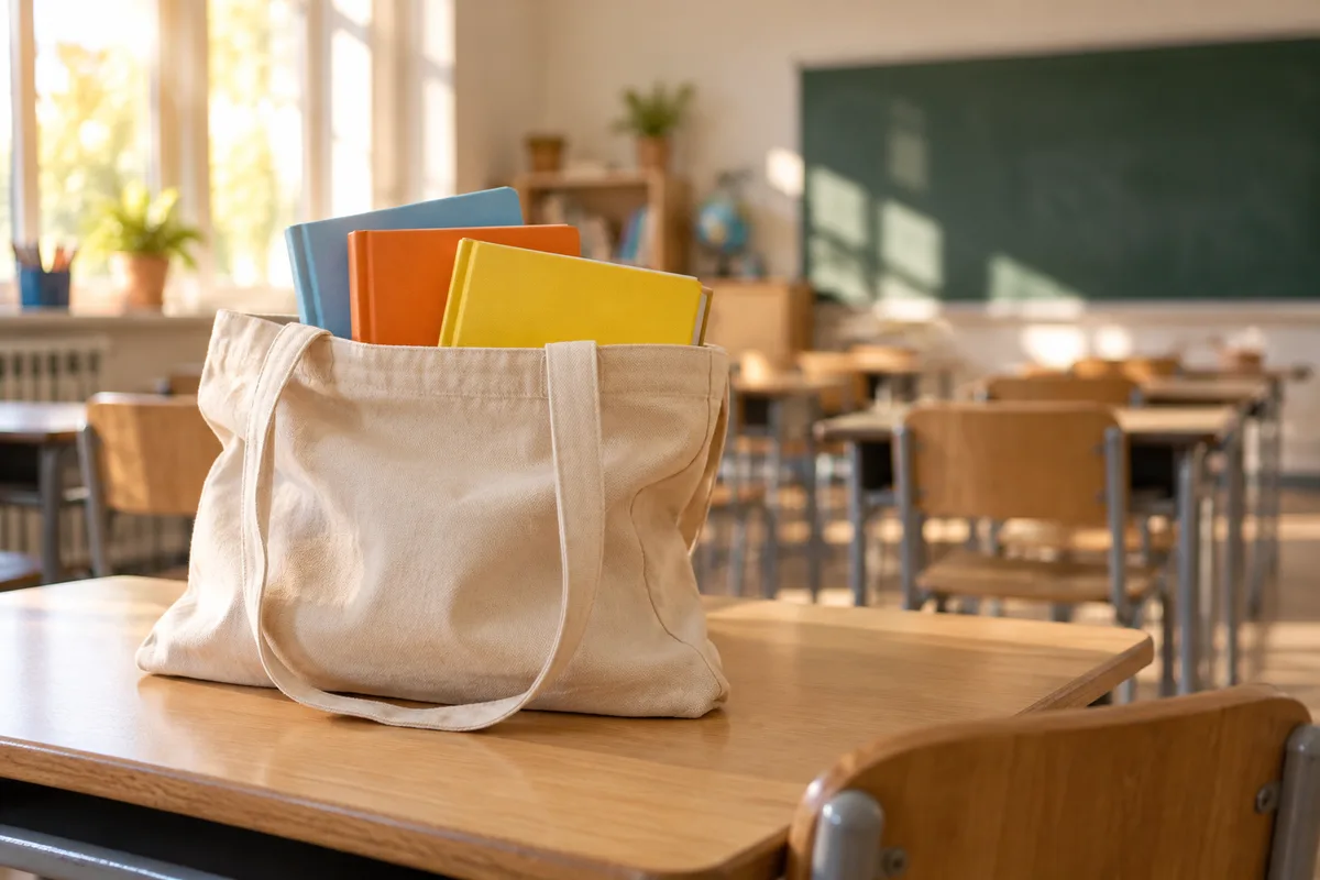 Sac en toile écrue garni d&rsquo;albums jeunesse posé sur un pupitre de classe