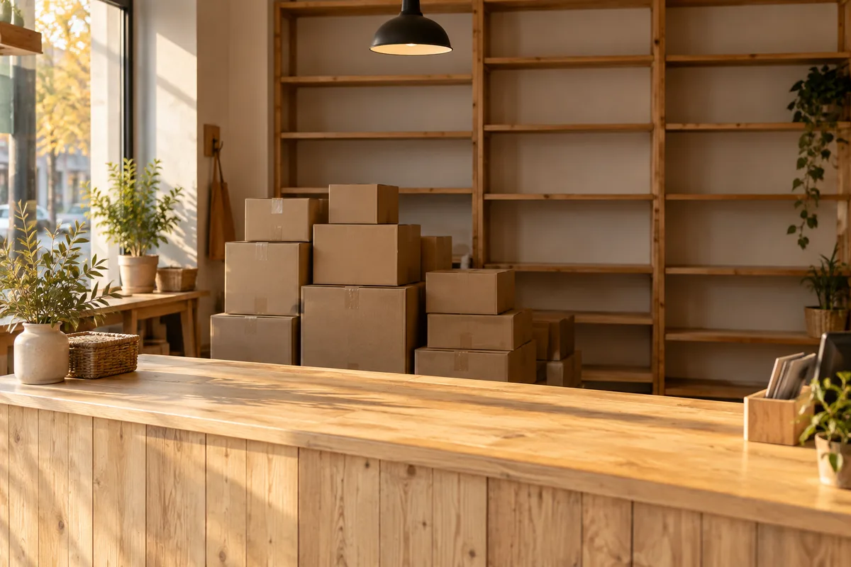 Comptoir d’un commerce de proximité où des colis attendent leur retrait