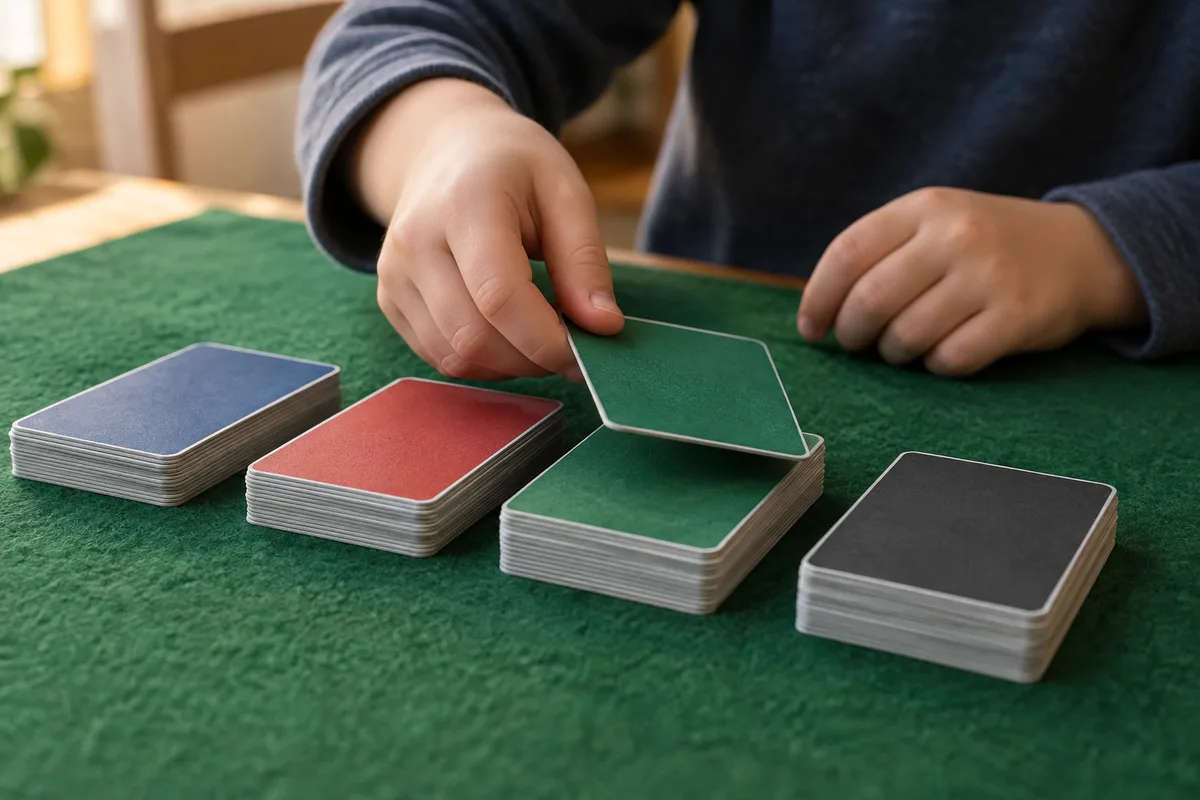 Mains d’enfant qui trient des cartes à collectionner en piles sur un tapis de feutre vert