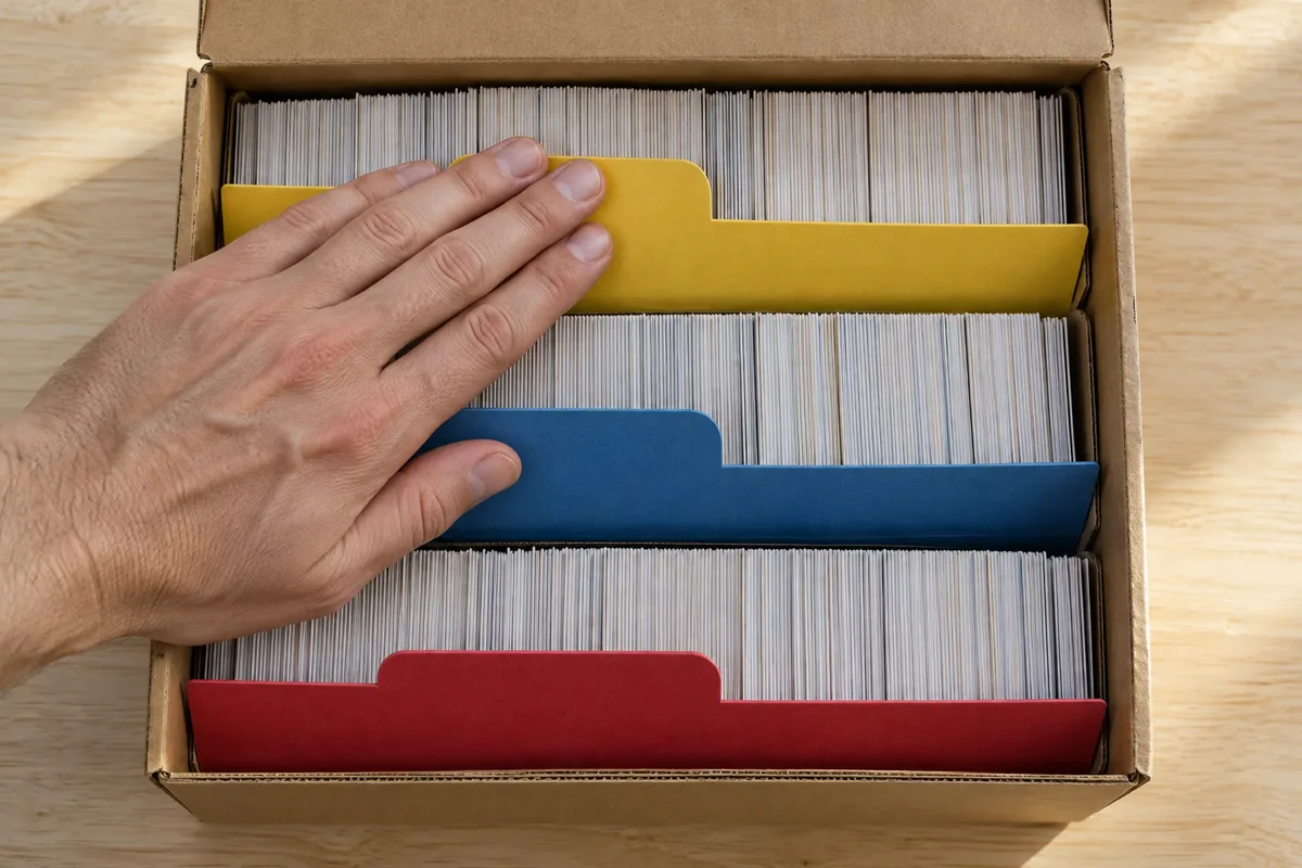 Boîte en carton où des cartes à collectionner sont rangées debout derrière des intercalaires