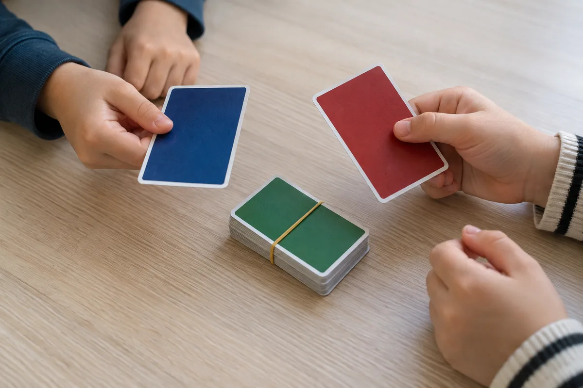 Deux paires de mains d’enfants qui échangent une carte à collectionner au-dessus d’une table
