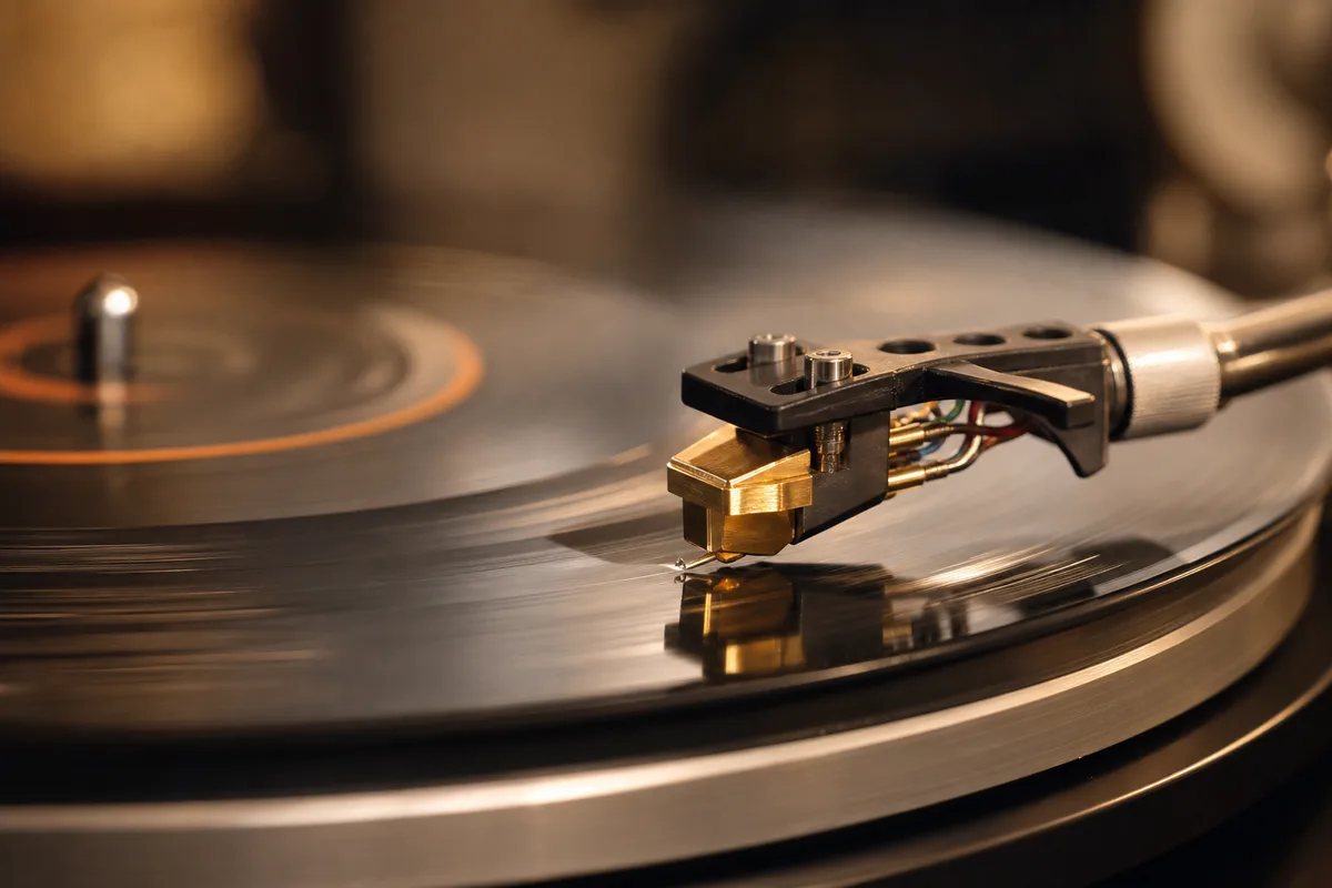 Platine vinyle avec la pointe de lecture posée sur un disque en rotation, gros plan sous une lumière chaude
