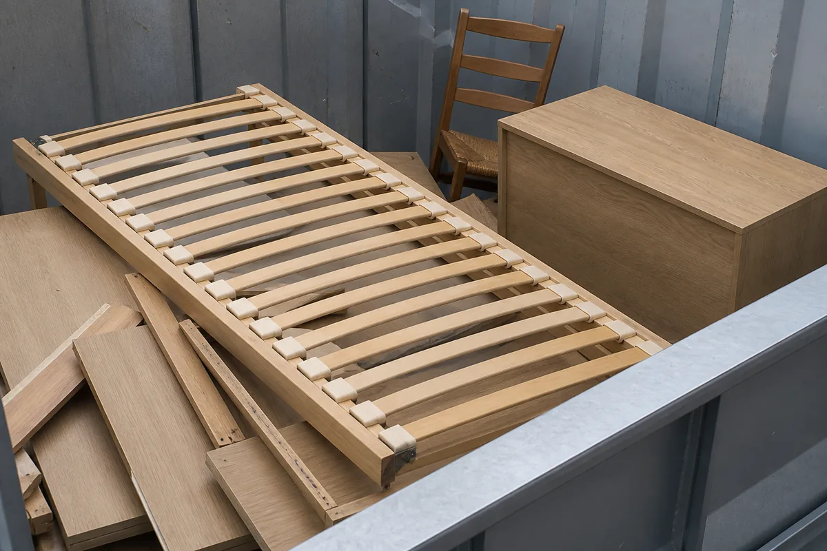 Benne de collecte mobilier dans une déchèterie française avec meubles en bois empilés