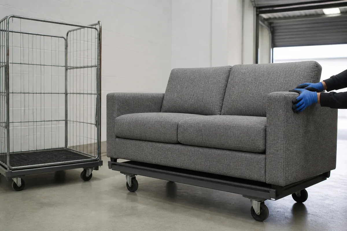 Zone de reprise mobilier à l&rsquo;arrière d&rsquo;un magasin avec canapé posé sur un chariot plat