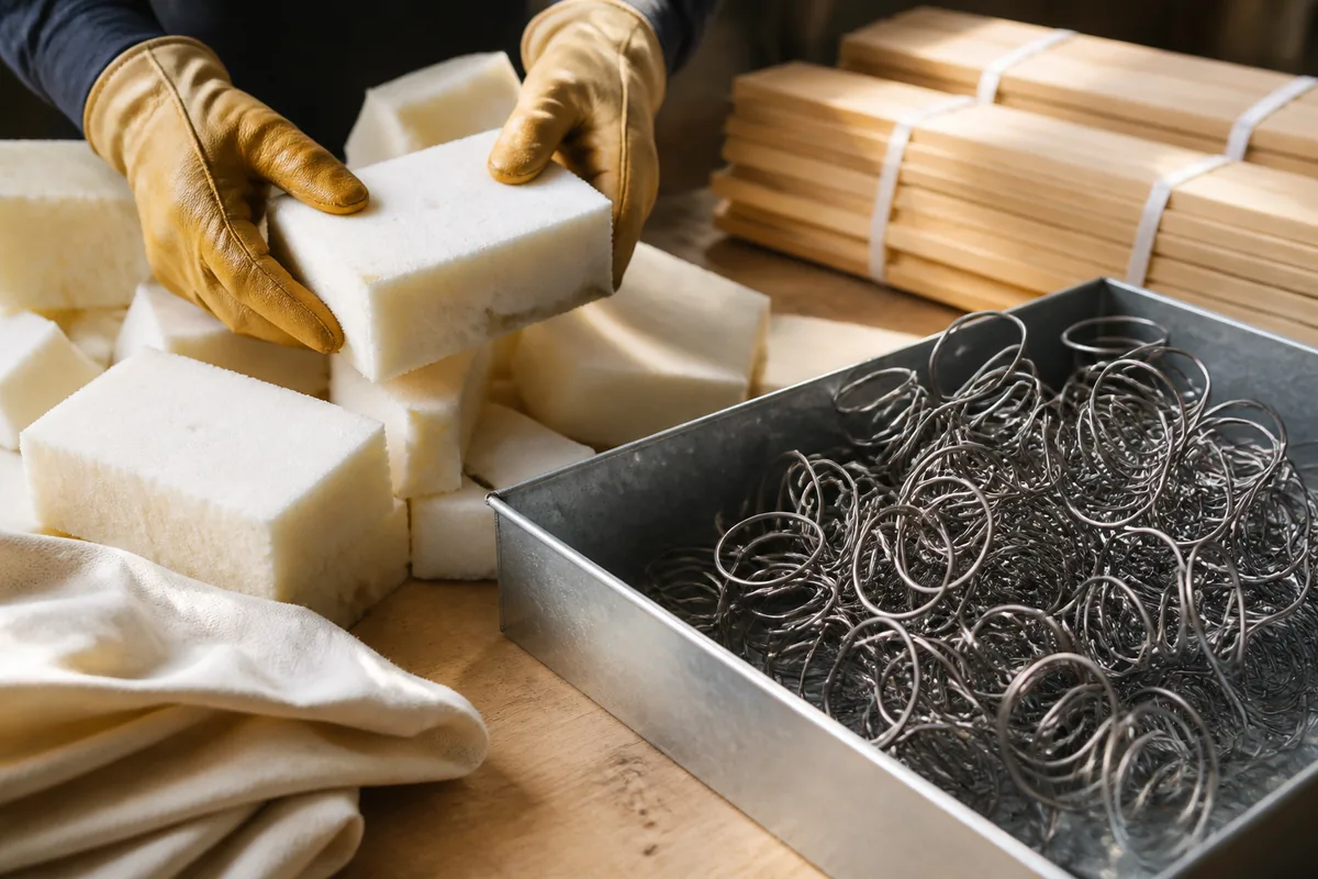 Mousse découpée, ressorts métalliques et lattes de bois triés sur un établi d&rsquo;atelier