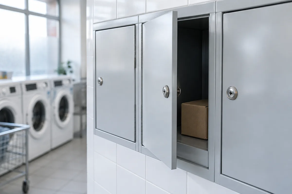 Porte de consigne automatique ouverte sur un petit colis dans le hall d’une laverie