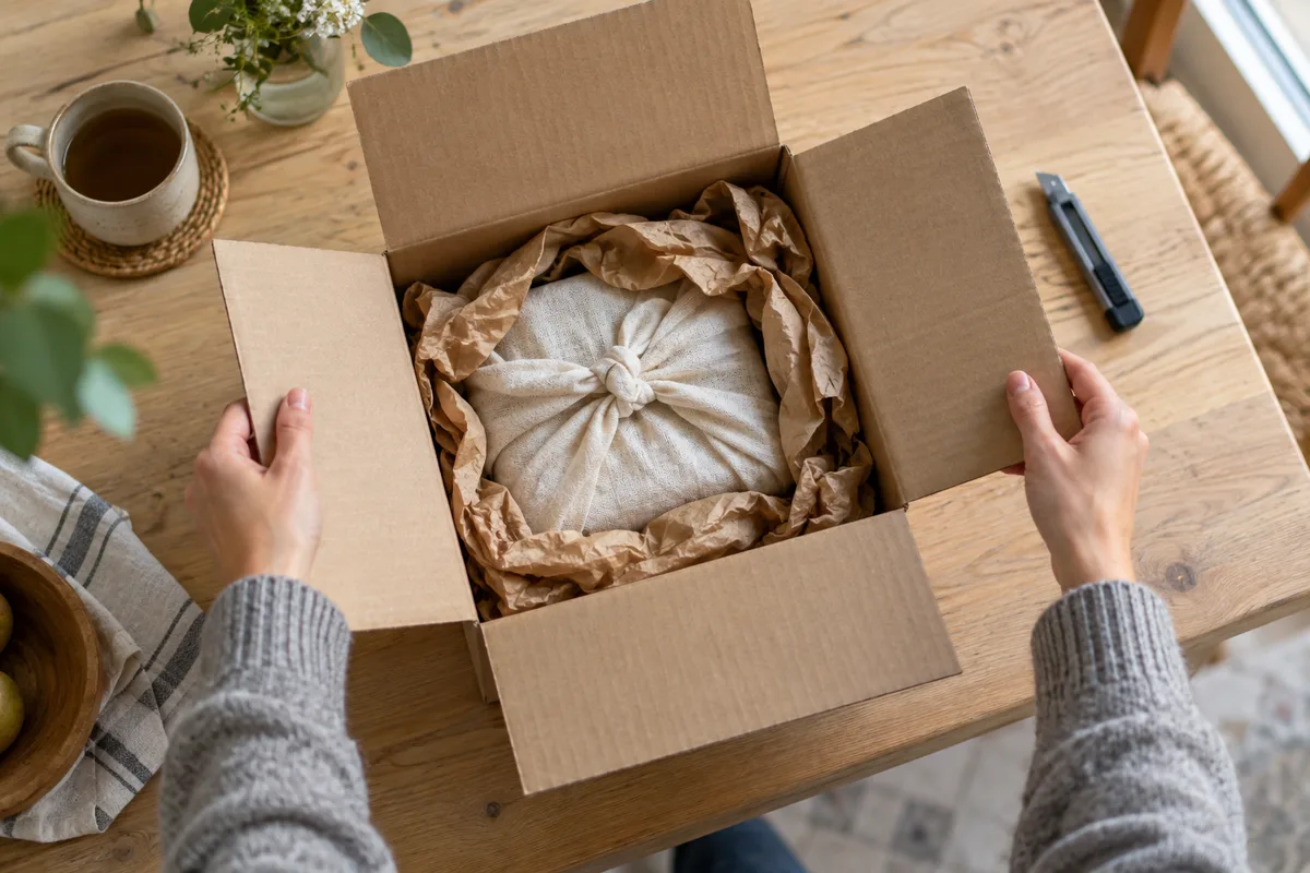 Mains qui ouvrent un carton brun pour contrôler son contenu sur une table de cuisine