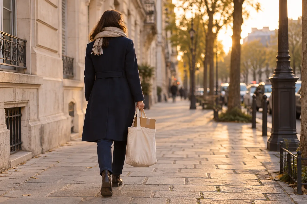 Colis refermé glissé dans un cabas en toile écrue, porté le long d’un trottoir pavé
