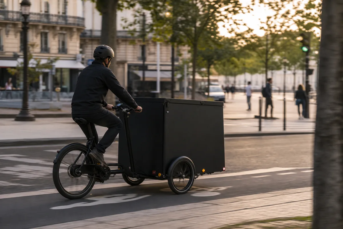 Vélo-cargo de livraison chargé de colis circulant sur une piste cyclable en centre-ville