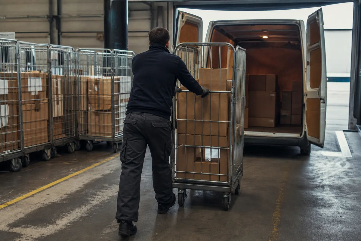 Préparateur poussant un roll conteneur chargé de colis sur un quai logistique