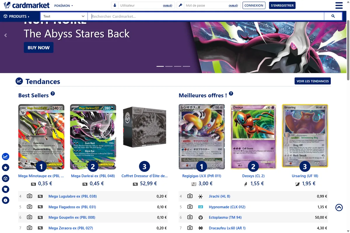 Page d&rsquo;accueil Cardmarket Pokémon avec les tendances et les meilleures ventes