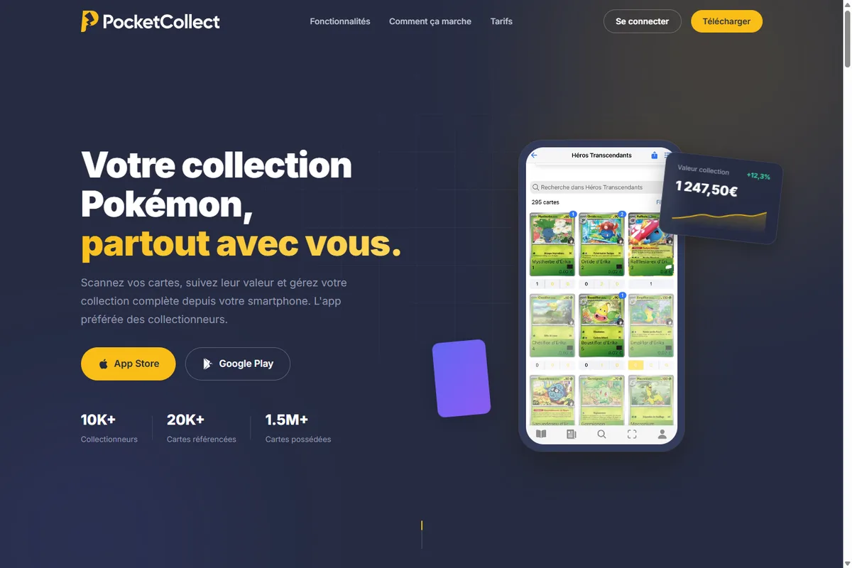 Interface PocketCollect avec le suivi de valeur d&rsquo;une collection Pokémon