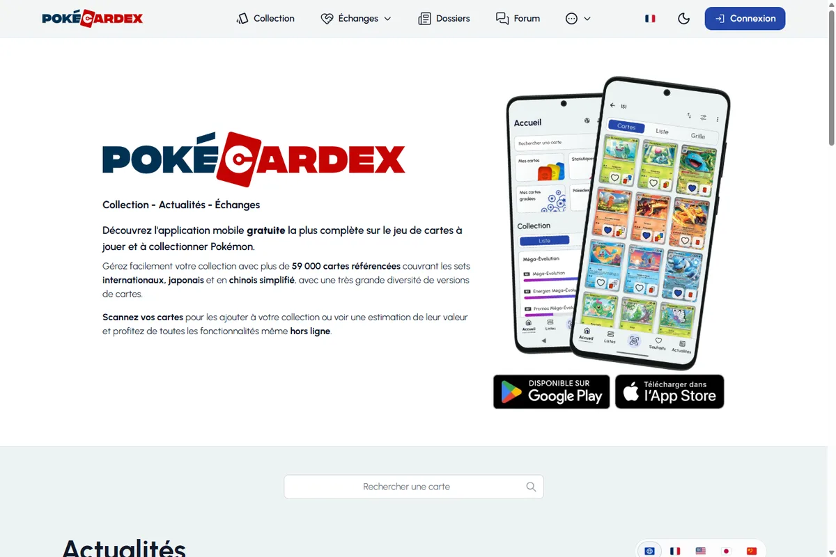 Page d&rsquo;accueil de Pokécardex et son application mobile de gestion de collection