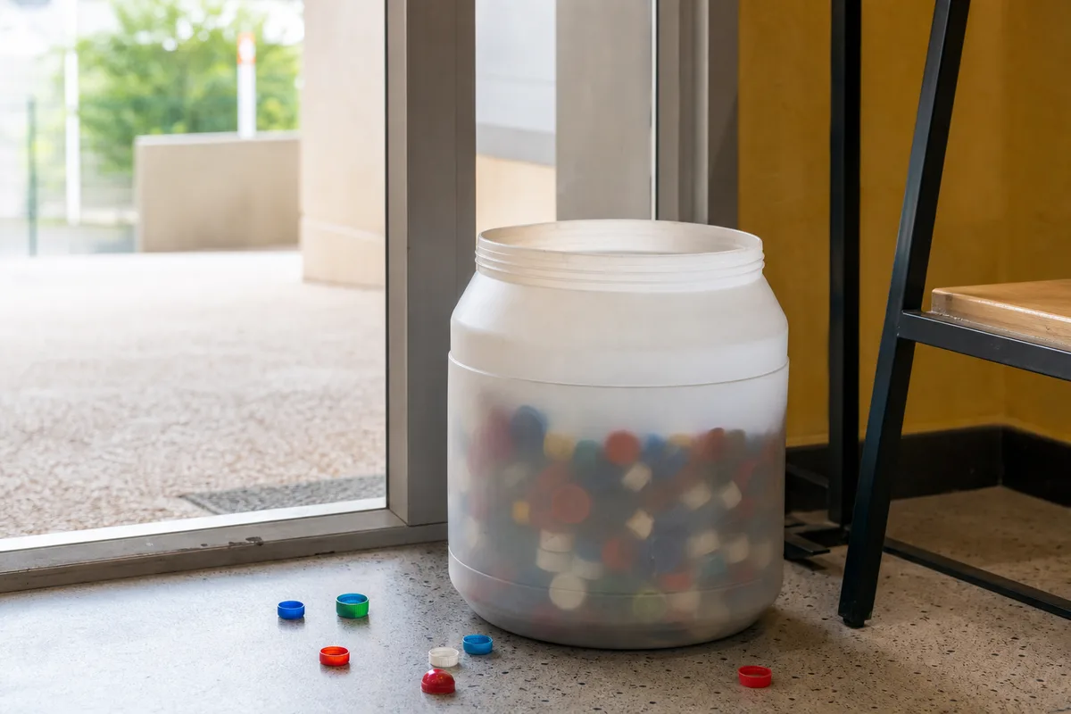 Grand sac transparent rempli de bouchons plastique multicolores dans un point de collecte associatif