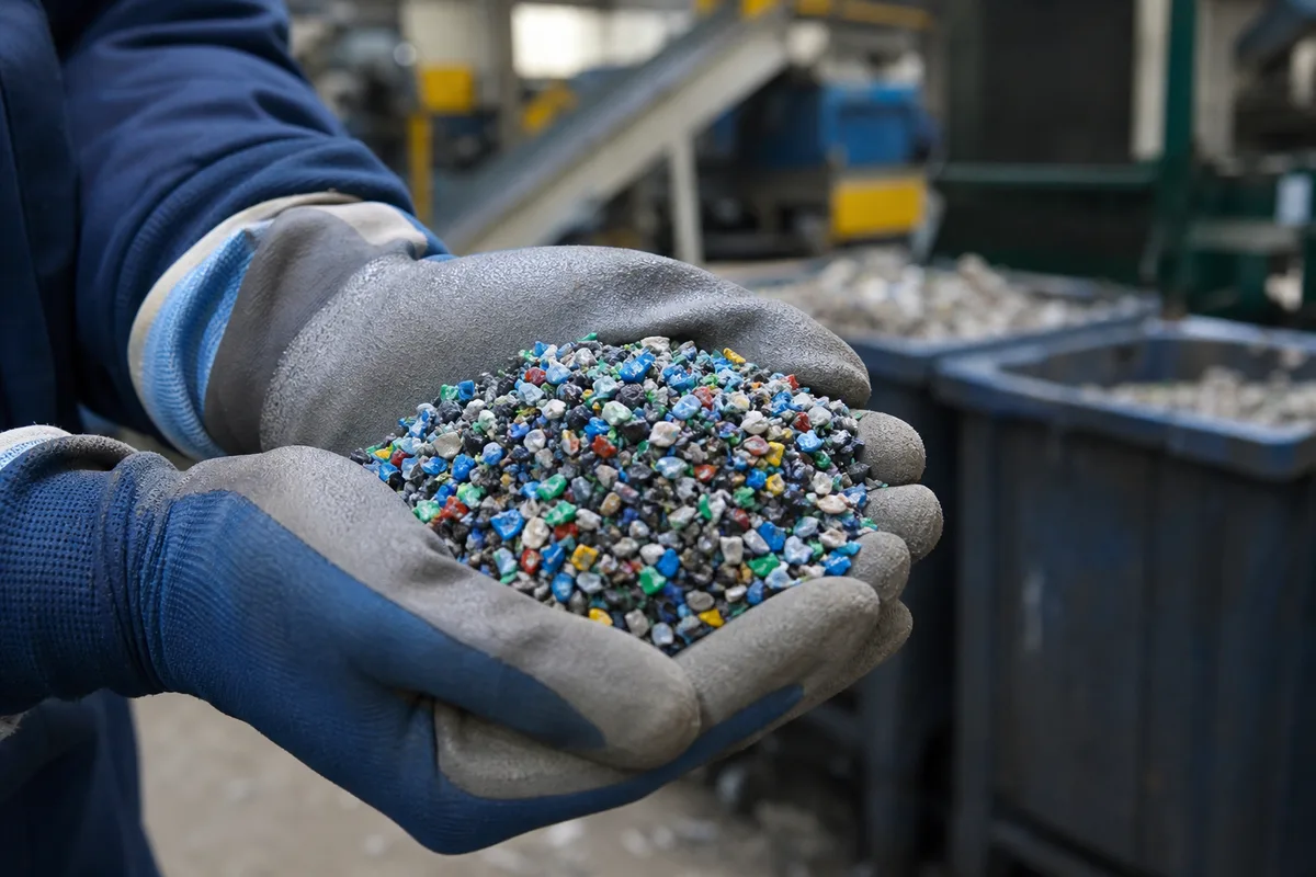 Granulés de plastique recyclé issus de bouchons broyés dans un atelier de valorisation