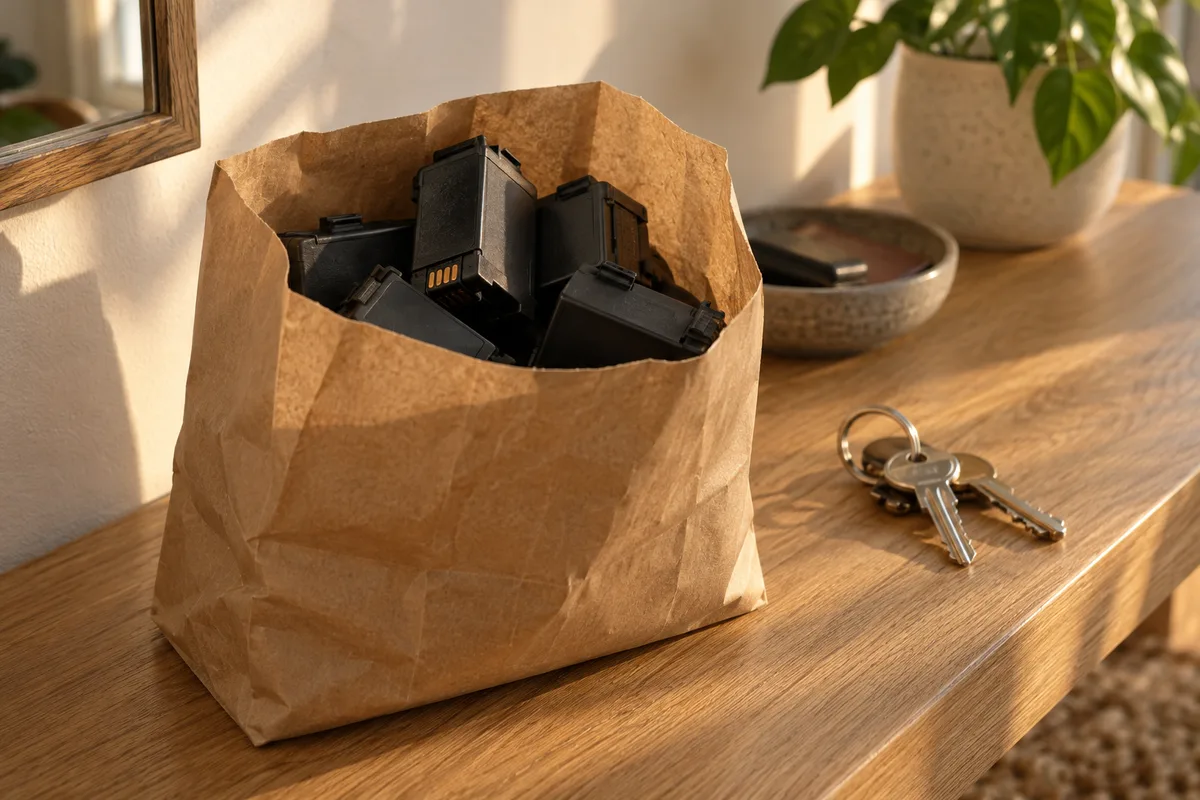Sachet kraft rempli de cartouches vides prêt à partir, près d’un trousseau de clés
