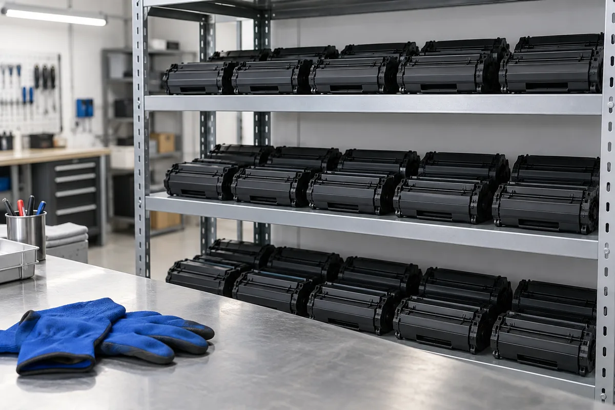 Rangées de cartouches noires alignées sur l’étagère d’un atelier de remanufacturage