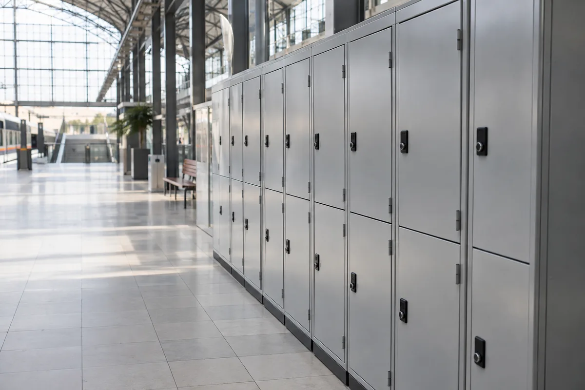 Casiers de consigne automatique aux portes fermées dans un hall de gare