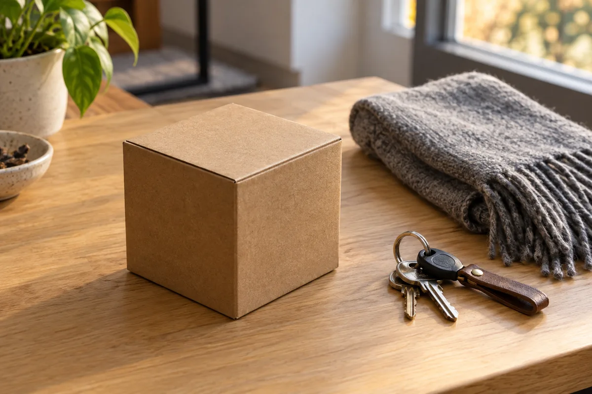 Petit colis en carton brun posé sur une table en bois près d&rsquo;un trousseau de clés