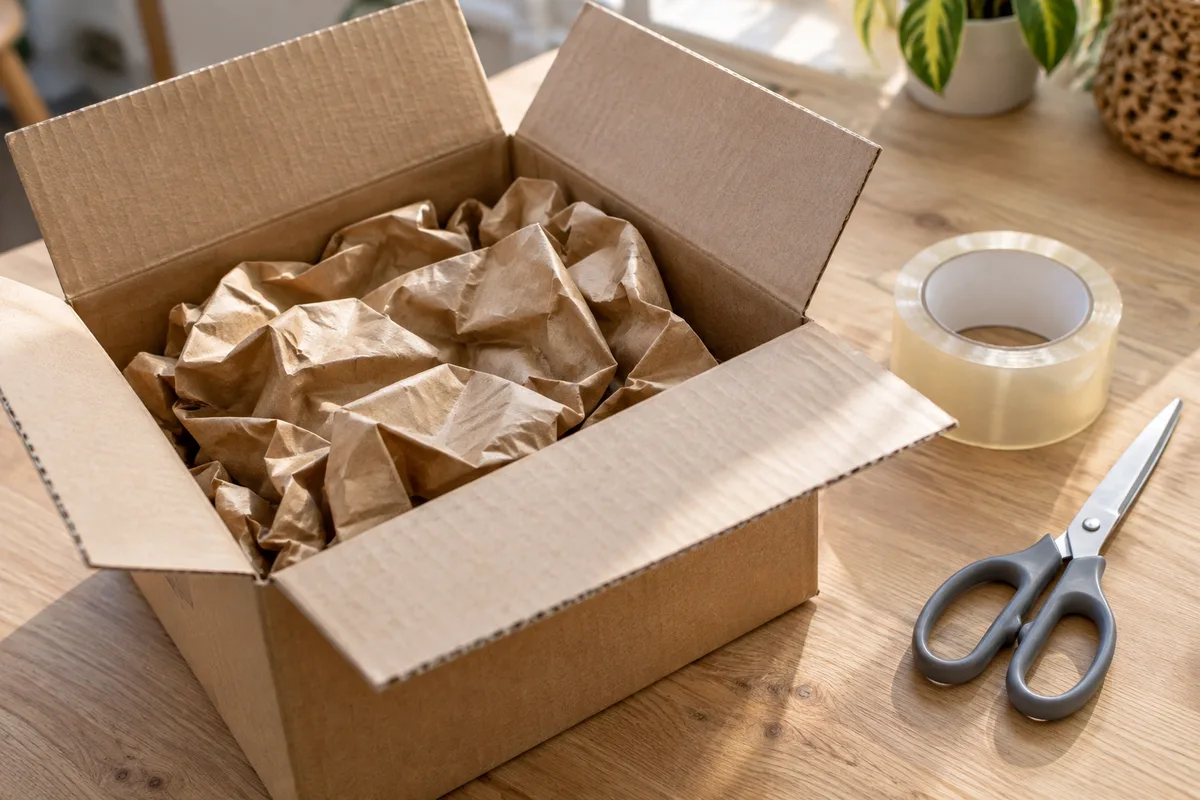 Carton brun ouvert avec papier kraft froissé, rouleau adhésif et ciseaux posés à côté