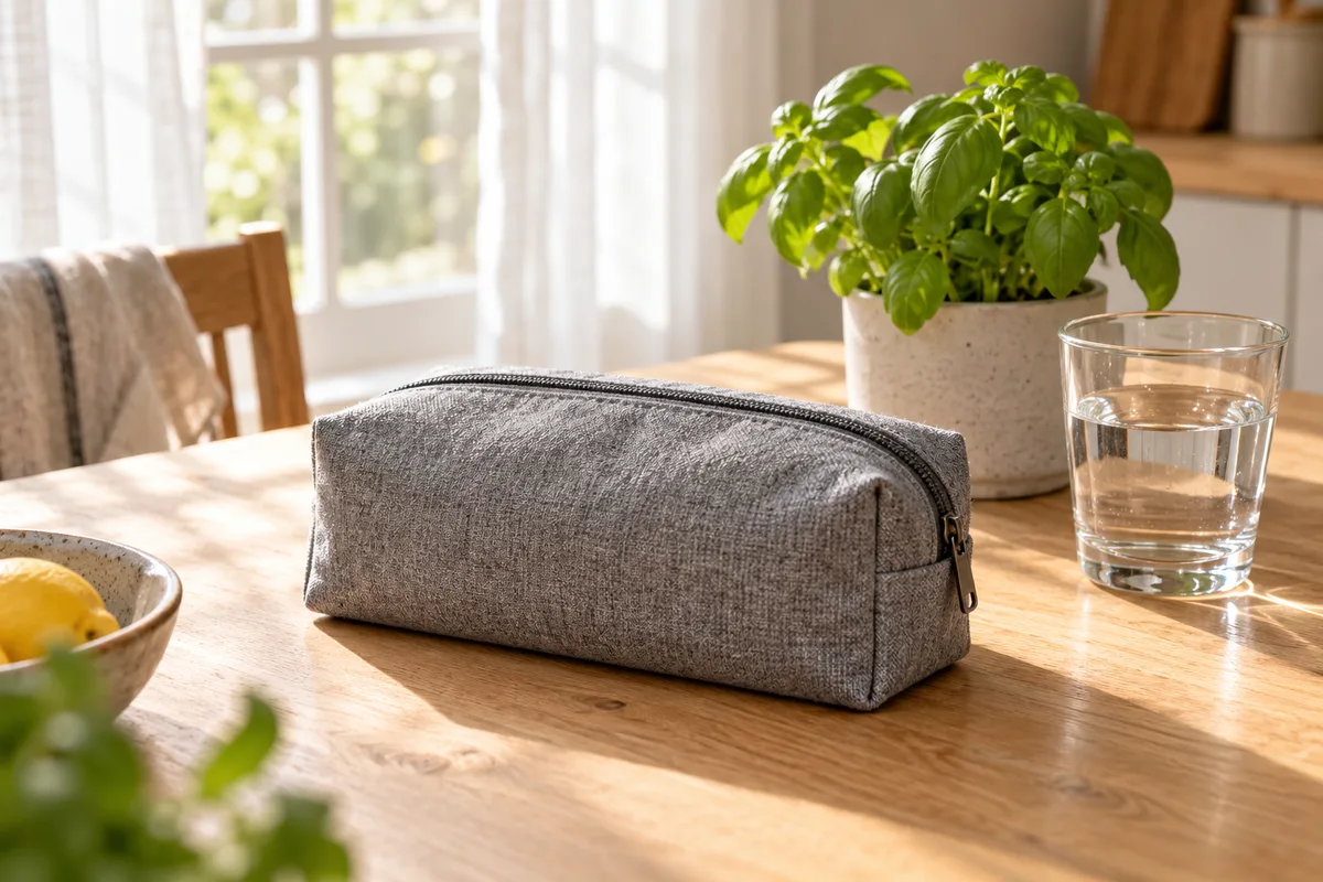 Trousse de soins en tissu fermée sur une table de cuisine, près d&rsquo;une fenêtre