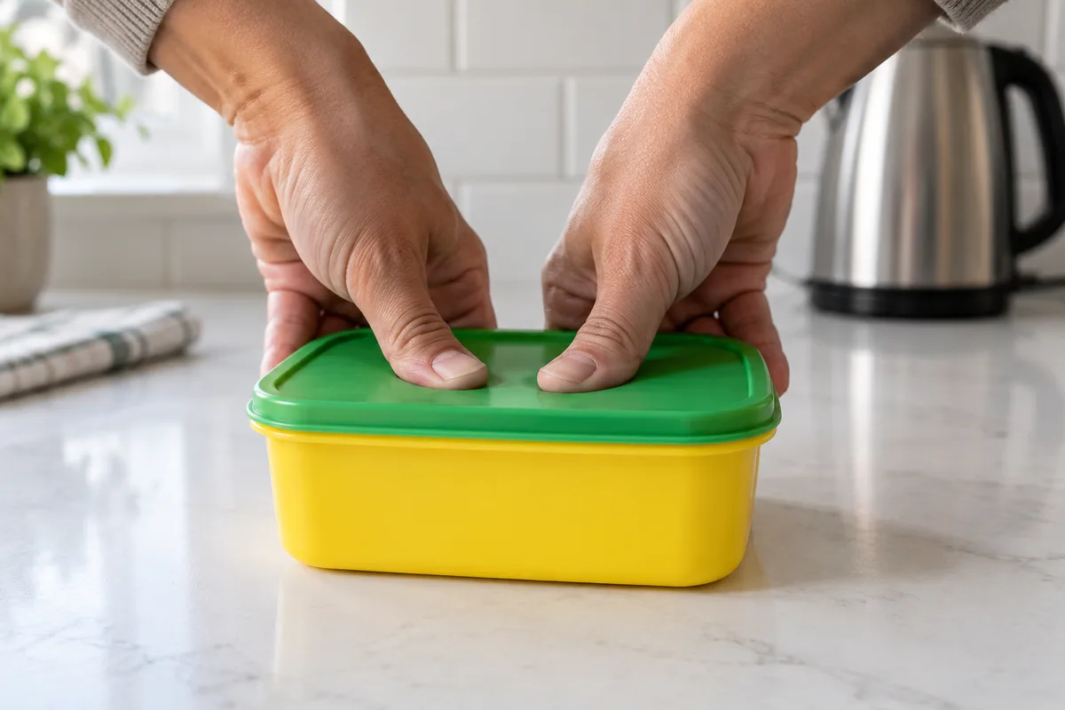 Mains refermant le couvercle d&rsquo;une boîte jaune posée sur un plan de travail