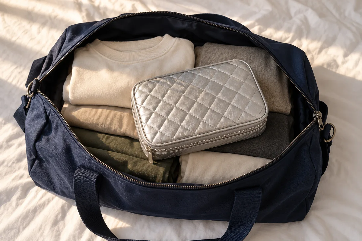Sac de voyage ouvert contenant une trousse isotherme fermée