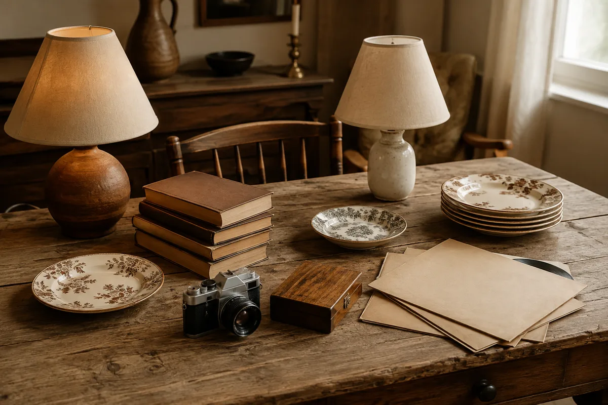 Brocante d&rsquo;objets anciens, lampes et vaisselle dépareillée disposées sur une longue table en bois