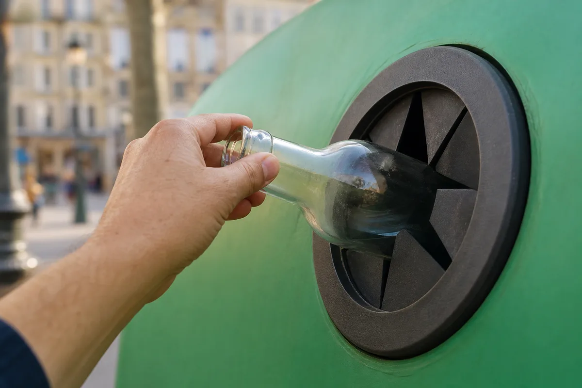 Main déposant une bouteille dans une borne à verre verte en ville