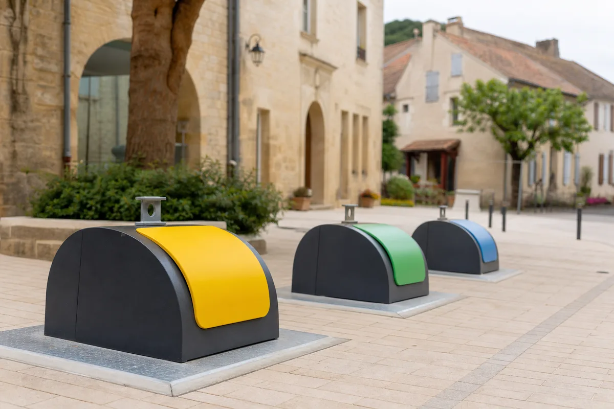 Bornes de tri sélectif colorées alignées sur une place de village française