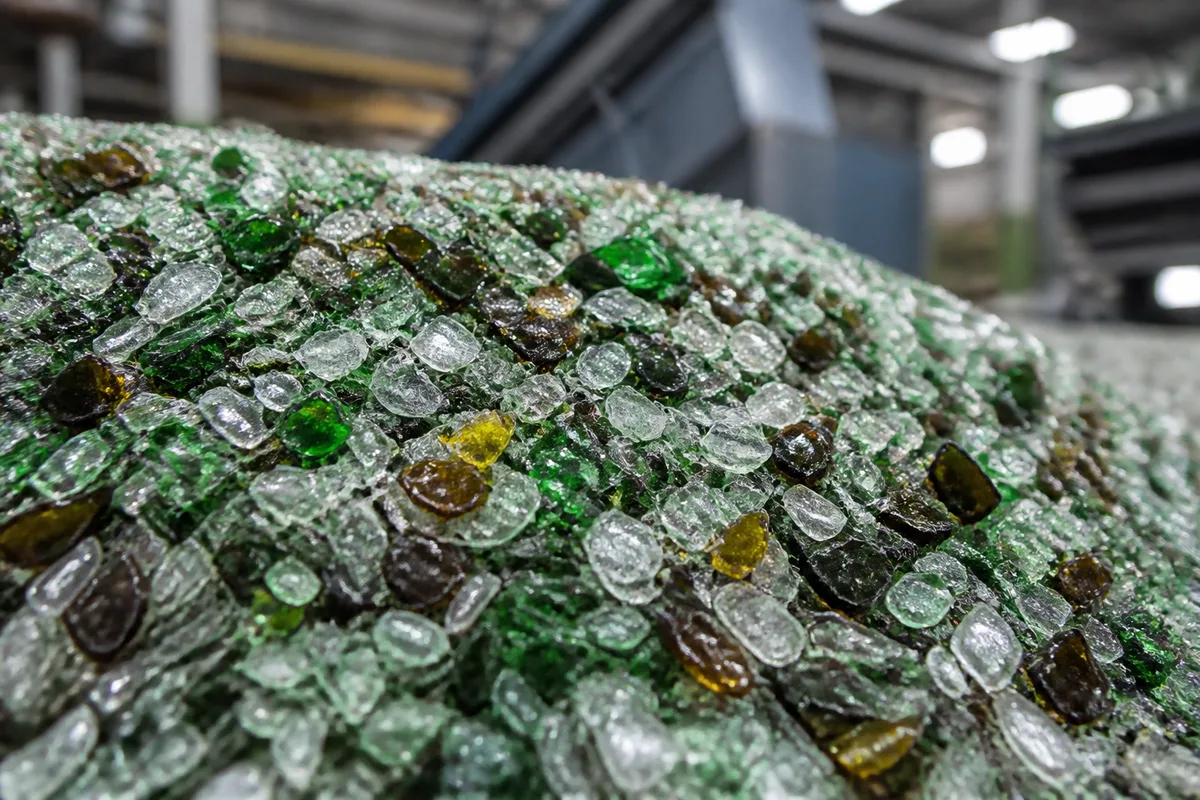 Éclats de verre broyés verts, bruns et transparents dans un hall de traitement industriel