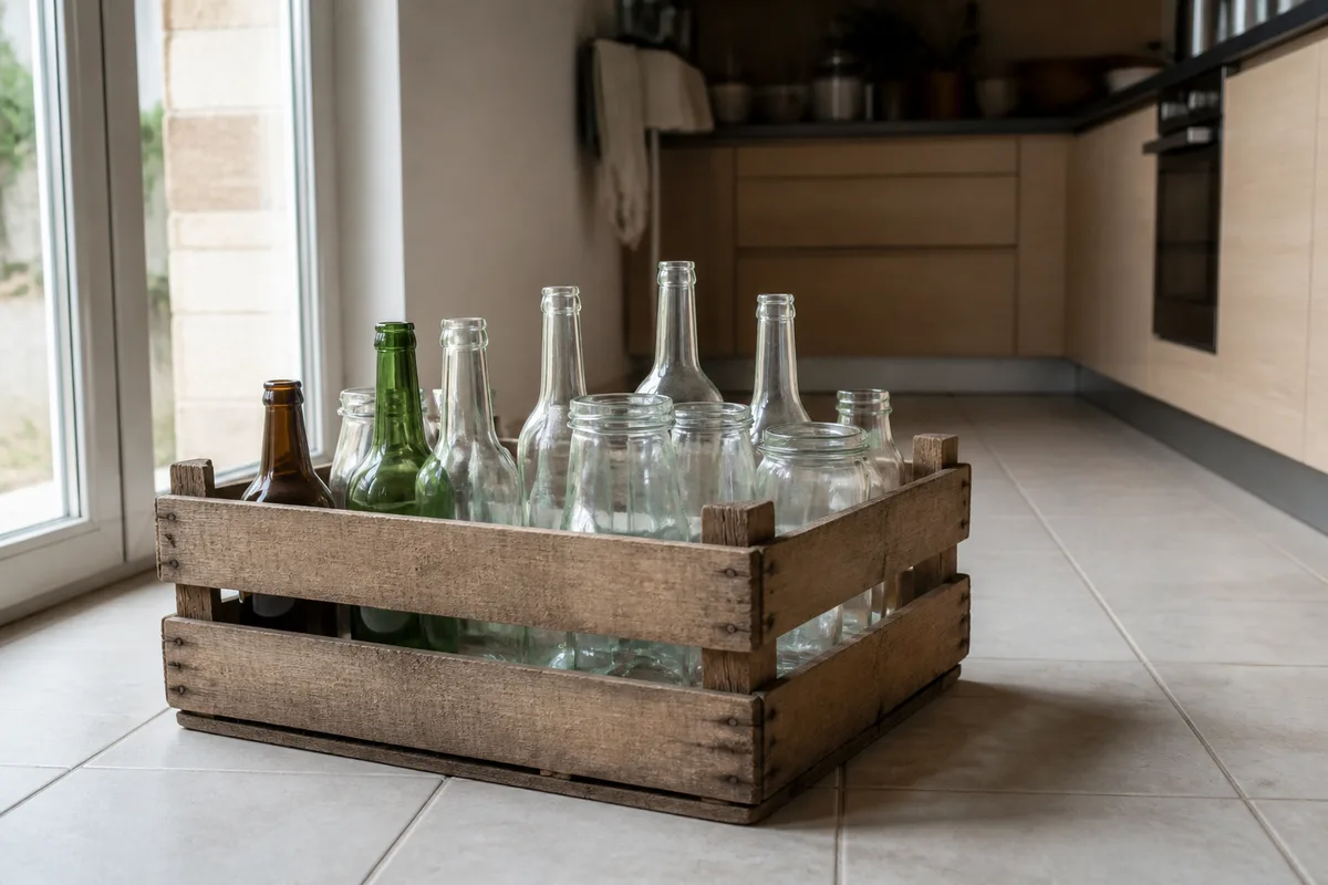 Cagette de bouteilles et bocaux en verre prête à partir au point de collecte