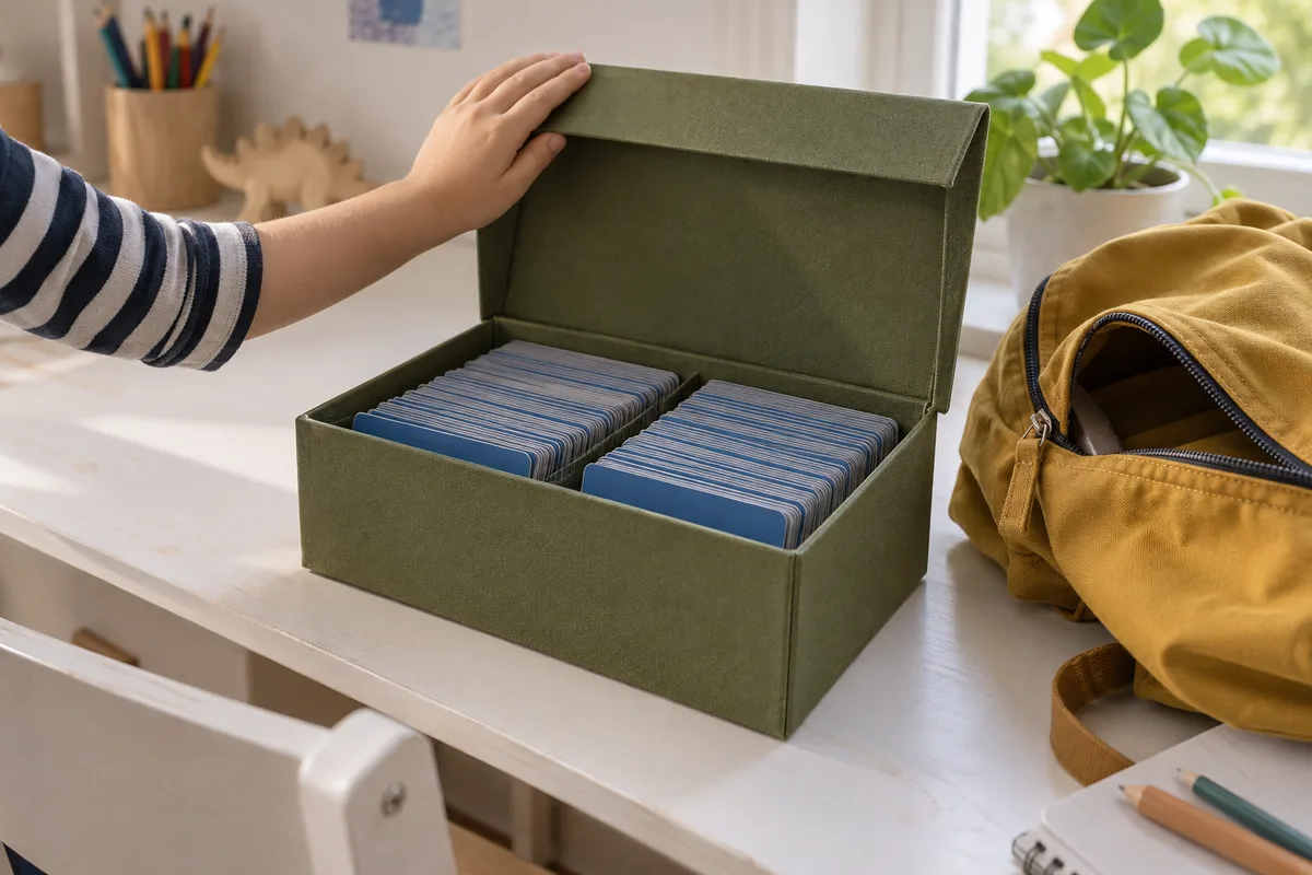 Boîte de rangement vert olive ouverte sur un bureau, cartes debout vues par la tranche, sac à dos à côté
