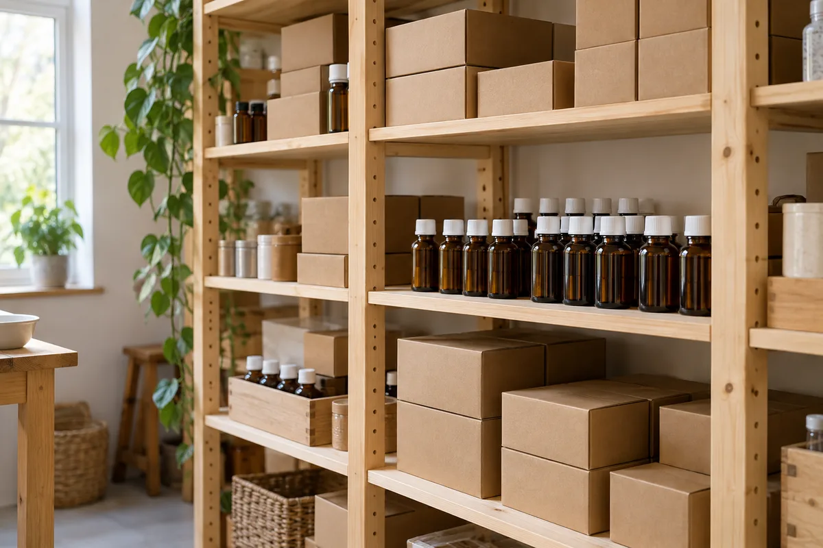 Étagère de stock en bois clair avec boîtes en carton et flacons de cosmétiques