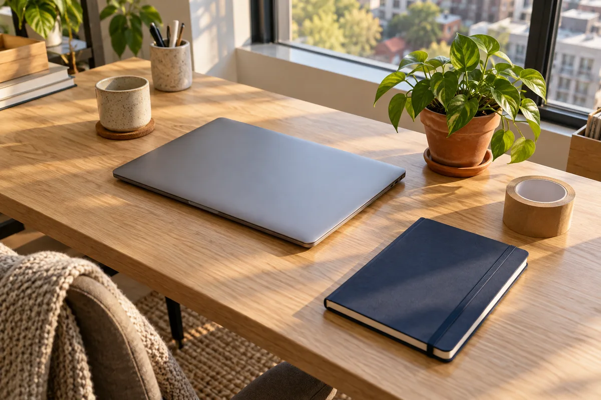 Bureau lumineux avec ordinateur portable fermé, carnet uni et ruban adhésif brun