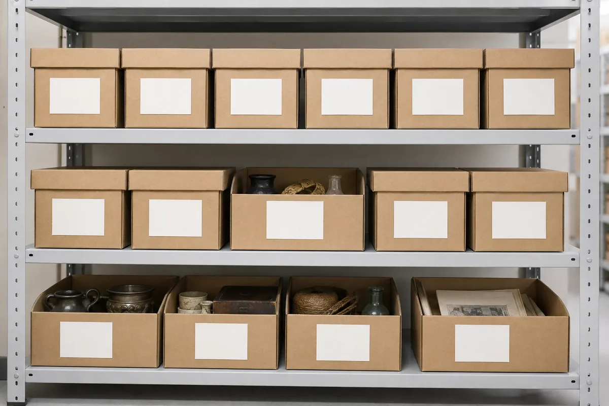 Étagères de stock ordonnées avec objets de collection classés par famille dans un entrepôt clair
