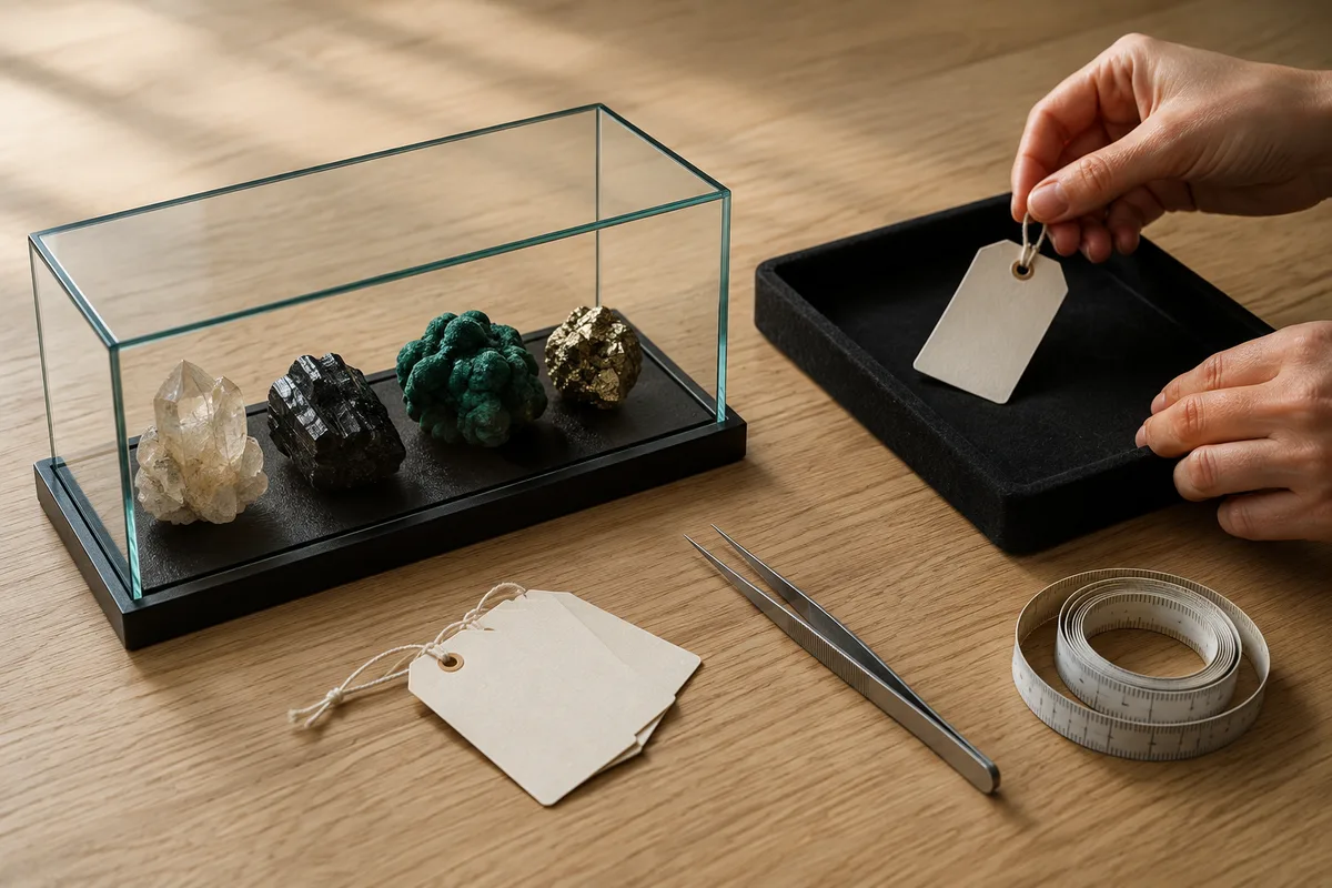 Plan de travail avec objets de collection sous vitrine et étiquettes de classement
