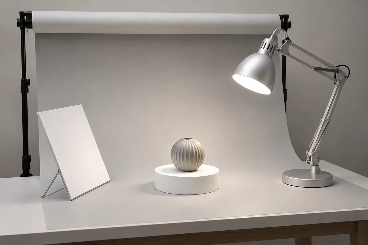 Studio photo produit avec fond uni, lampe orientable et pièce de collection posée sur un socle