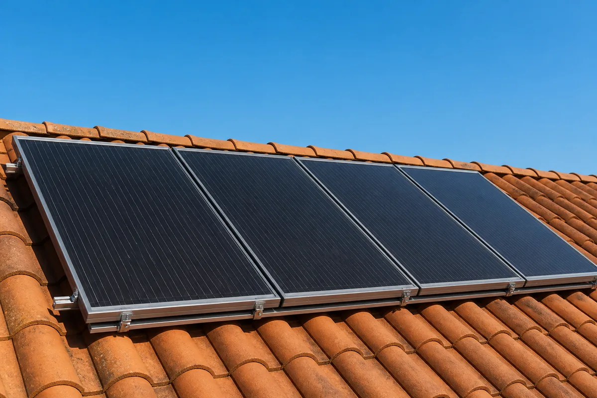 Modules photovoltaïques posés en surimposition sur la toiture en tuiles d’une maison française