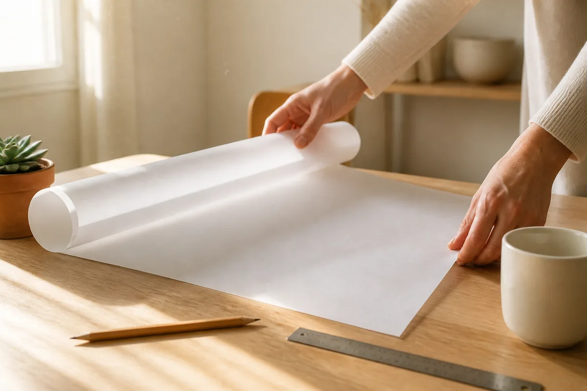 Mains adultes déroulant un plan de toiture sur une table en bois clair
