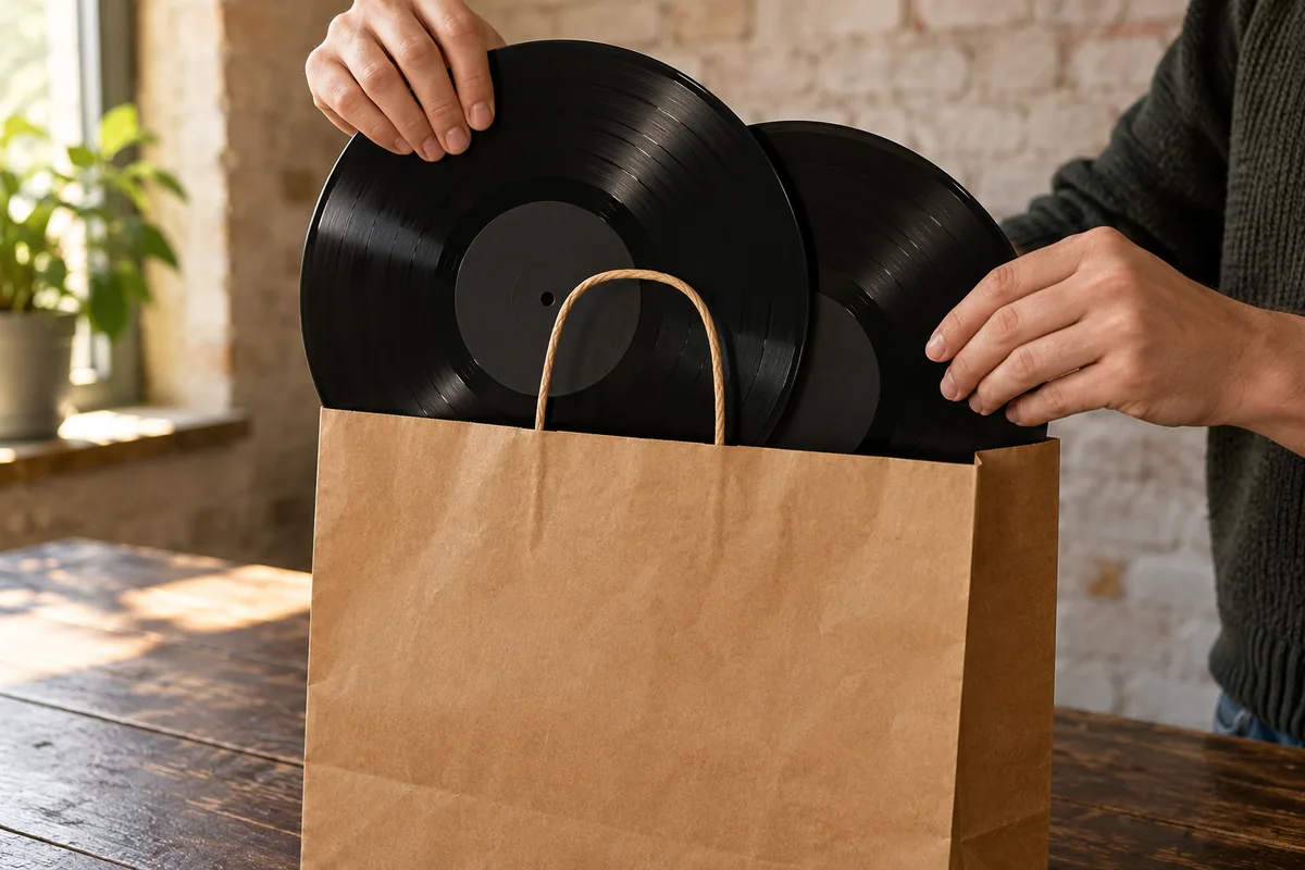 Mains glissant deux disques vinyles noirs dans un sac en papier kraft brun uni