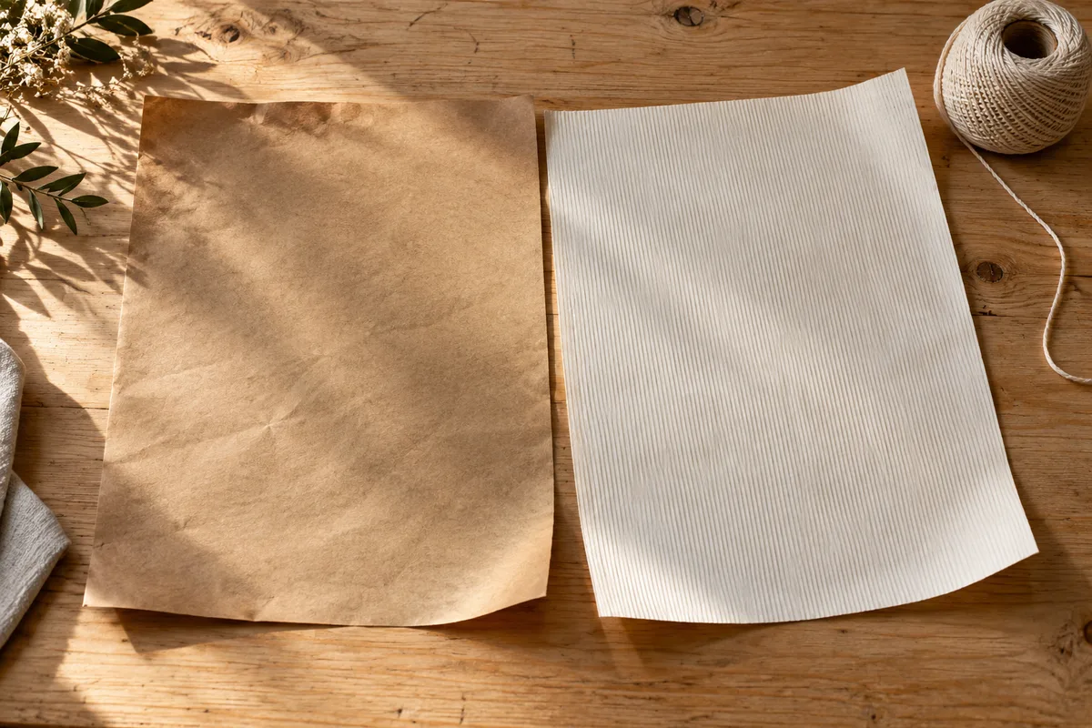Feuille de kraft brun lisse et feuille de kraft blanc vergé posées côte à côte