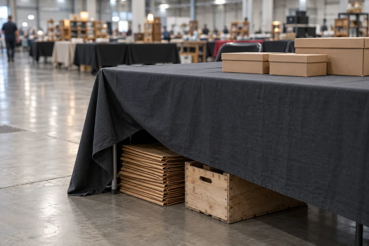 Pile de sacs kraft unis pliés sous la table d’un exposant de salon de collectionneurs